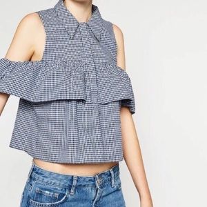 Zara Trafaluc Collection Gingham Cold Shoulder Top